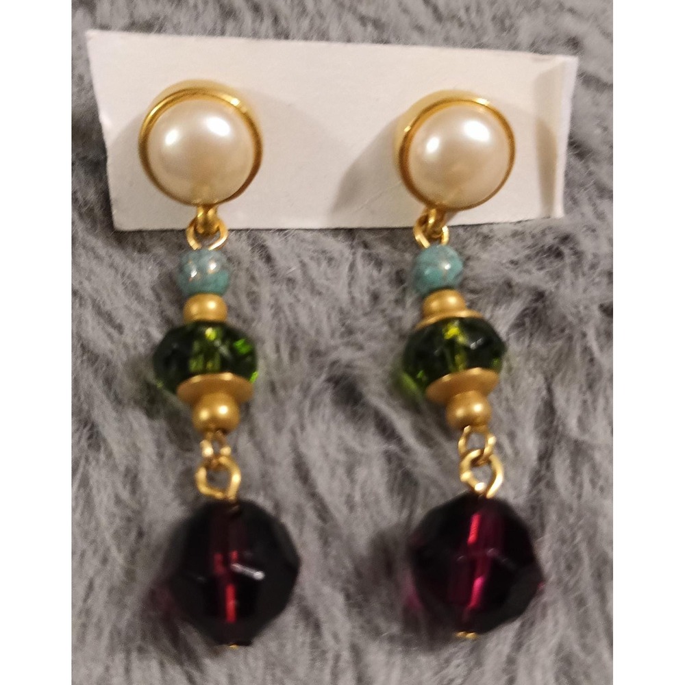 Vtg Gold Tone Drop Earrings Faux Pearls Red Green Glass Turquoise Colored Beads